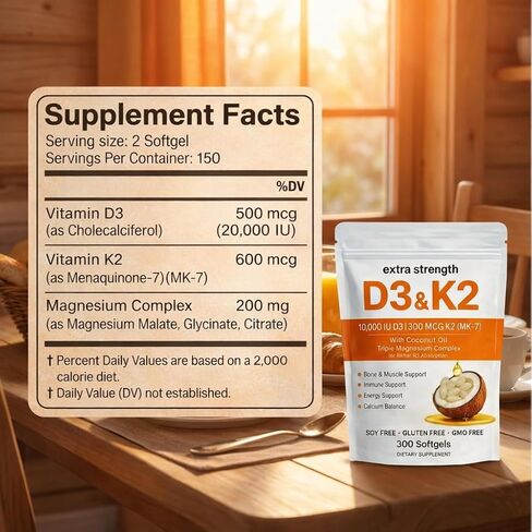 ELVERA Vitamin D3 K2 Magnesium Complex, Extra Strength D3 & K2 with Triple Magnesium Softgels, D3 K2 Vitamin 10000 IU Softgels(1) in Saudi Arabia