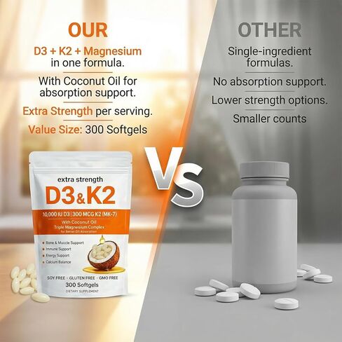 ELVERA Vitamin D3 K2 Magnesium Complex, Extra Strength D3 & K2 with Triple Magnesium Softgels, D3 K2 Vitamin 10000 IU Softgels(1) in Saudi Arabia
