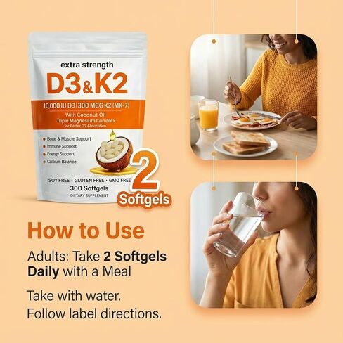 ELVERA Vitamin D3 K2 Magnesium Complex, Extra Strength D3 & K2 with Triple Magnesium Softgels, D3 K2 Vitamin 10000 IU Softgels(1) in Saudi Arabia