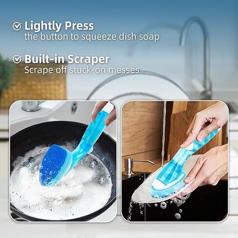 Dish Wand Sponge Refills, 6 Sponges Replacement Heads DishWand Non Scratch, Soap Control Handle Dispenser Scrubber Heavy Duty with Dishwashing Scrub Dispensing Brush Pads Cleaning Supplies （Blue） in Saudi Arabia