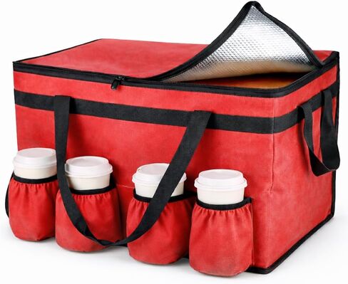Bodaon Insulated Grocery Bags with 4 Cup Holders -Insulated Bags for Food Delivery with Zippered Top, Food Carrier for Catering, Pizza Bag and Cooler Bag for Takeout, Picnic, Shopping, Car Use in Saudi Arabia
