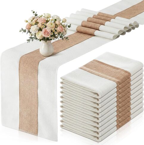 Boao 10 Pack Burlap Table Runners 12 x 108 Inch Wedding Rustic Farmhouse Jute Table Runner with White Edges, Long Burlap Runner for Wedding Reception Party Dining Kitchen Decor in Saudi Arabia