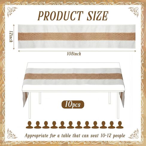 Boao 10 Pack Burlap Table Runners 12 x 108 Inch Wedding Rustic Farmhouse Jute Table Runner with White Edges, Long Burlap Runner for Wedding Reception Party Dining Kitchen Decor in Saudi Arabia
