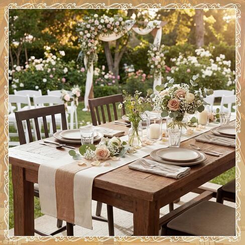 Boao 10 Pack Burlap Table Runners 12 x 108 Inch Wedding Rustic Farmhouse Jute Table Runner with White Edges, Long Burlap Runner for Wedding Reception Party Dining Kitchen Decor in Saudi Arabia