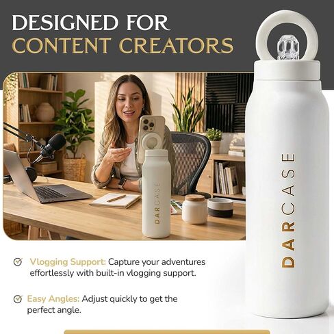 DARCASE Premium Magnetic Water Bottle with Phone Mount - Insulated Stainless Steel Bottle, Leak Proof Reusable Water Bottle with Phone Holder Tripod for Workout, Travel & Content Creation - 24oz in Saudi Arabia