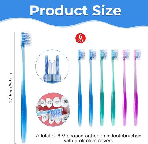 6 Pack Orthodontic Toothbrushes with Covers, Soft Bristles V-Shaped Dental Brushes for Braces, Archwires, and Daily Oral Care in Saudi Arabia
