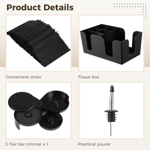 Bar Caddy Napkin & Straw Holder with 3-Tier Bar Rimmers, Stainless Steel Classic Bottle Pourers, Tissue Box, Count Cocktail Stirrers, Straws in Saudi Arabia