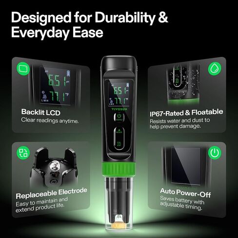 VIVOSUN Aerolab Digital pH Meter Kit ±0.01 High Accuracy, Waterproof pH Tester Pen with Replaceable Probe, LCD Display, Auto Temperature Compensation, Calibration Powder for Hydroponics, Gardening in Saudi Arabia
