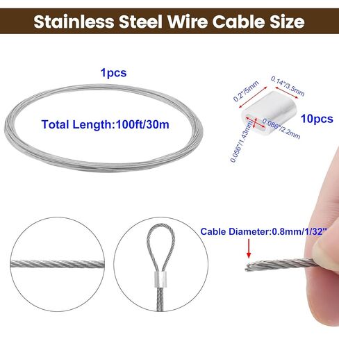 Antrader 0.8mm/1/32 Wire Rope Kit 100ft 304 Stainless Steel Wire with 10pcs Crimp Sleeves, 7x7 Strand Core Steel Wire in Saudi Arabia