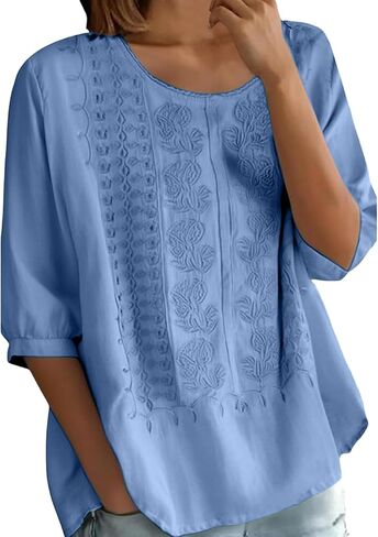 Women Floral Embroidered Top 3/4 Sleeve T Shirts Peasant Mexican Blouses Linen Clothing Crew Neck Babydoll Tee in Saudi Arabia