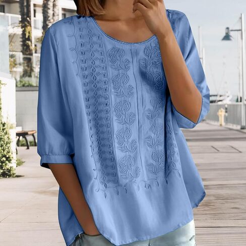 Women Floral Embroidered Top 3/4 Sleeve T Shirts Peasant Mexican Blouses Linen Clothing Crew Neck Babydoll Tee in Saudi Arabia