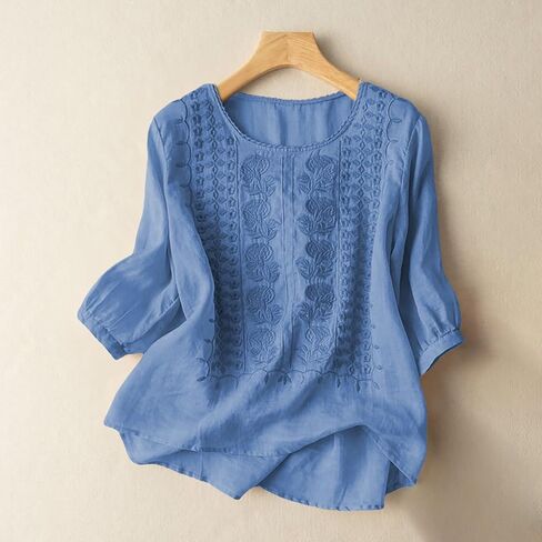 Women Floral Embroidered Top 3/4 Sleeve T Shirts Peasant Mexican Blouses Linen Clothing Crew Neck Babydoll Tee in Saudi Arabia