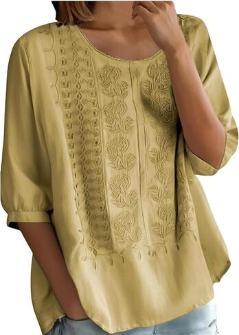 Women Floral Embroidered Top 3/4 Sleeve T Shirts Peasant Mexican Blouses Linen Clothing Crew Neck Babydoll Tee in Saudi Arabia