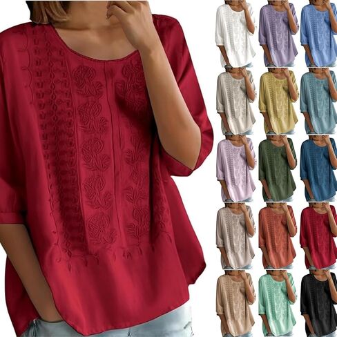 Women Floral Embroidered Top 3/4 Sleeve T Shirts Peasant Mexican Blouses Linen Clothing Crew Neck Babydoll Tee in Saudi Arabia