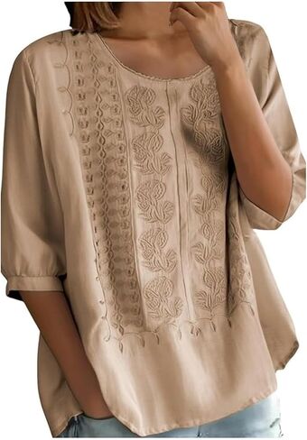Women Floral Embroidered Top 3/4 Sleeve T Shirts Peasant Mexican Blouses Linen Clothing Crew Neck Babydoll Tee in Saudi Arabia