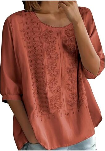 Women Floral Embroidered Top 3/4 Sleeve T Shirts Peasant Mexican Blouses Linen Clothing Crew Neck Babydoll Tee in Saudi Arabia
