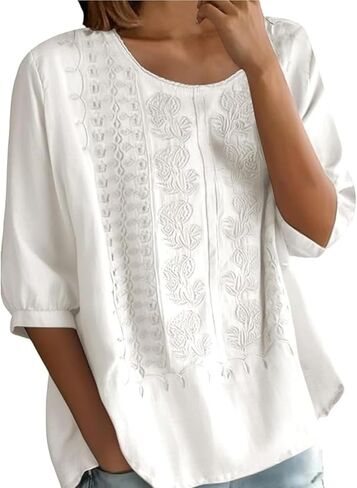 Women Floral Embroidered Top 3/4 Sleeve T Shirts Peasant Mexican Blouses Linen Clothing Crew Neck Babydoll Tee in Saudi Arabia
