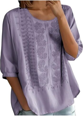 Women Floral Embroidered Top 3/4 Sleeve T Shirts Peasant Mexican Blouses Linen Clothing Crew Neck Babydoll Tee in Saudi Arabia