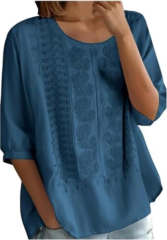 Women Floral Embroidered Top 3/4 Sleeve T Shirts Peasant Mexican Blouses Linen Clothing Crew Neck Babydoll Tee in Saudi Arabia