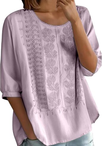 Women Floral Embroidered Top 3/4 Sleeve T Shirts Peasant Mexican Blouses Linen Clothing Crew Neck Babydoll Tee in Saudi Arabia