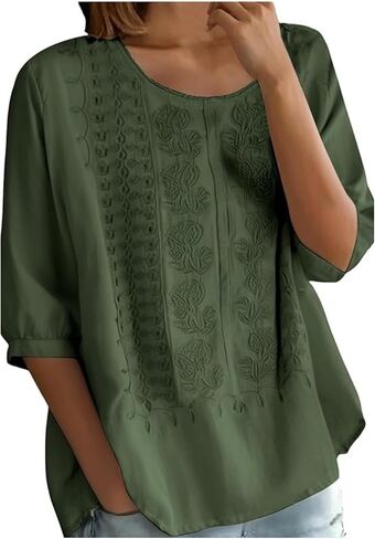 Women Floral Embroidered Top 3/4 Sleeve T Shirts Peasant Mexican Blouses Linen Clothing Crew Neck Babydoll Tee in Saudi Arabia