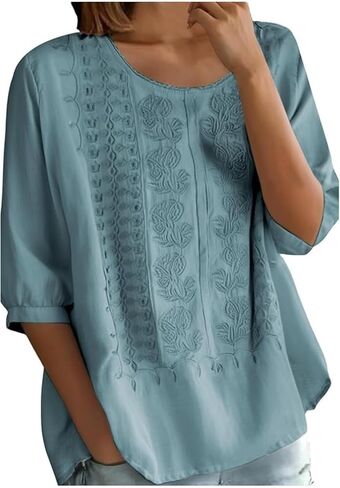 Women Floral Embroidered Top 3/4 Sleeve T Shirts Peasant Mexican Blouses Linen Clothing Crew Neck Babydoll Tee in Saudi Arabia