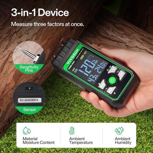 VIVOSUN Wood Moisture Meter, 3-In-1 Pin-Type Digital Moisture Tester, Ambient Temp & Humidity Tester, 7 Modes, Color Backlit Screen, for Wood, Walls, Bricks, Dried Flowers in Saudi Arabia