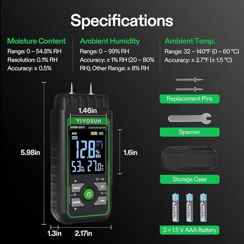 VIVOSUN Wood Moisture Meter, 3-In-1 Pin-Type Digital Moisture Tester, Ambient Temp & Humidity Tester, 7 Modes, Color Backlit Screen, for Wood, Walls, Bricks, Dried Flowers in Saudi Arabia