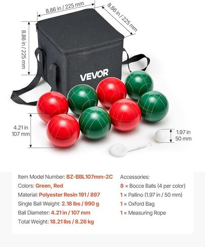 مجموعة كرات VEVOR Bocce، 107 مم، مع 8 كرات راتنج، بالينو، حقيبة حمل وحبل قياس، لونين أحمر وأخضر، لعدد 2 إلى 8 لاعبين، مجموعة ألعاب كرة Bocce للشاطئ، الحديقة، الفناء الخلفي للعائلة، في الهواء الطلق in Saudi Arabia