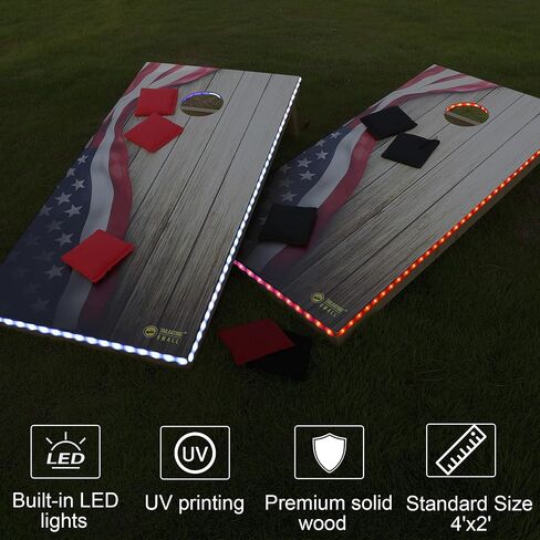 مجموعة ألواح كورنهول LED مقاس 4FTx2FT من الخشب الصلب بحجم تنظيم كورنهول مع أضواء LED تتضمن 8 أكياس كورنهول للبالغين (علم الولايات المتحدة الأمريكية، 4'x2') in Saudi Arabia