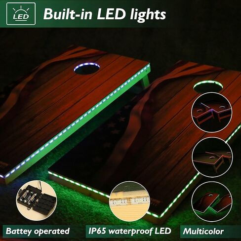 مجموعة ألواح كورنهول LED مقاس 4FTx2FT من الخشب الصلب بحجم تنظيم كورنهول مع أضواء LED تتضمن 8 أكياس كورنهول للبالغين (علم الولايات المتحدة الأمريكية، 4'x2') in Saudi Arabia