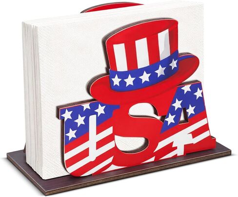 4th of July Decor USA Wooden Napkin Holder for Table, Patriotic Hat USA Wood Napkin Dispenser, Memorial Day 4th of July Decorations for Kitchen Dining Room Tables Party Decor in Saudi Arabia