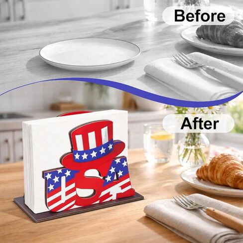 4th of July Decor USA Wooden Napkin Holder for Table, Patriotic Hat USA Wood Napkin Dispenser, Memorial Day 4th of July Decorations for Kitchen Dining Room Tables Party Decor in Saudi Arabia