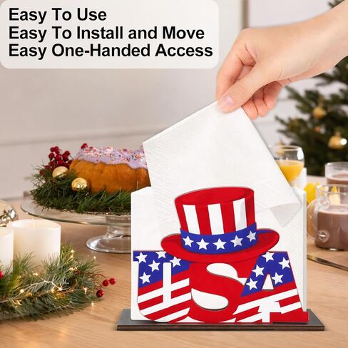 4th of July Decor USA Wooden Napkin Holder for Table, Patriotic Hat USA Wood Napkin Dispenser, Memorial Day 4th of July Decorations for Kitchen Dining Room Tables Party Decor in Saudi Arabia