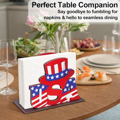 4th of July Decor USA Wooden Napkin Holder for Table, Patriotic Hat USA Wood Napkin Dispenser, Memorial Day 4th of July Decorations for Kitchen Dining Room Tables Party Decor in Saudi Arabia