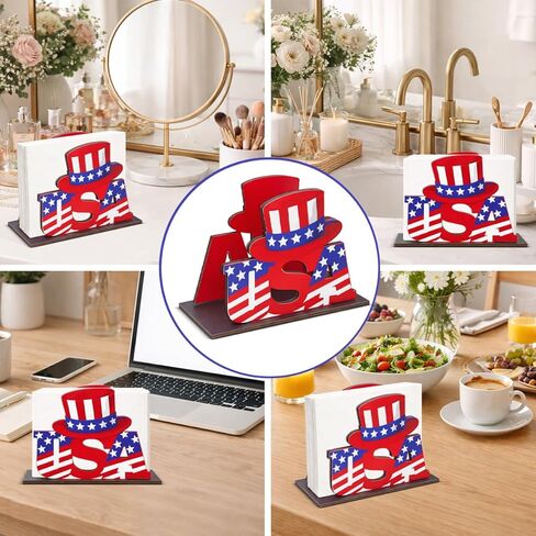 4th of July Decor USA Wooden Napkin Holder for Table, Patriotic Hat USA Wood Napkin Dispenser, Memorial Day 4th of July Decorations for Kitchen Dining Room Tables Party Decor in Saudi Arabia