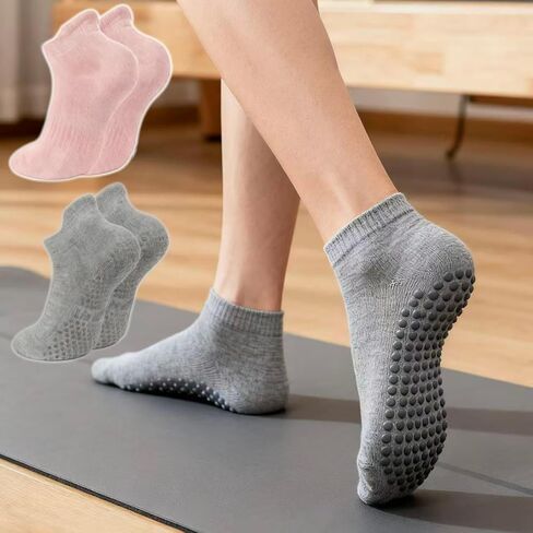 Women's Pilates Yoga Grip Socks, 2 Pairs Grey/Pink Non Slip, Ideal for Pilates, Barre, Barefoot Workout, Home Workout in Saudi Arabia