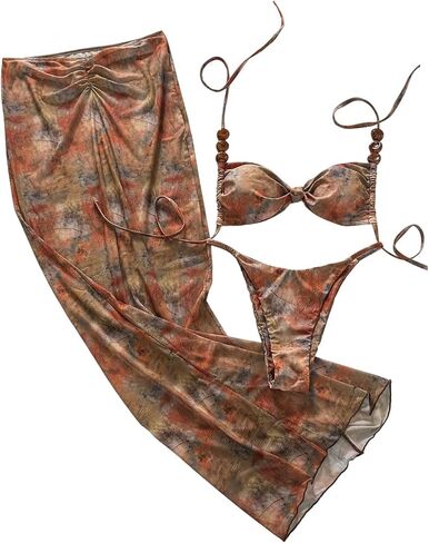 GORGLITTER Women's 3 Piece Bikini Sets Tie Dye Beaded Halter Triangle Bathing Suit with Swimsuit Coverup Skirt in Saudi Arabia