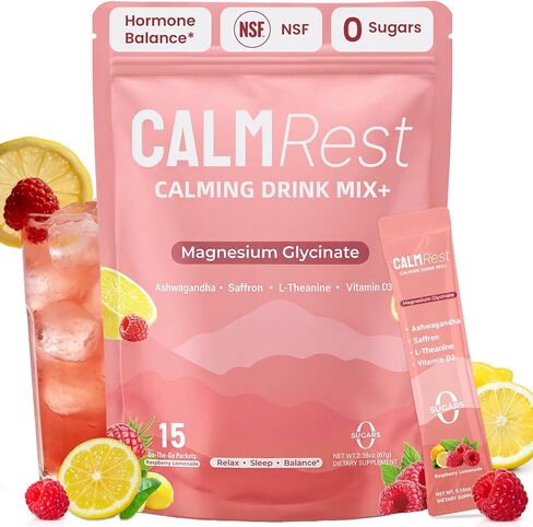 Calm Magnesium Powder Cortisol Supplement for Women, Supports Sleep, Stress Relief & Relax with Ashwagandha, Saffron, L Theanine, Vitamin D3, No Sugar, 15Ct, Raspberry Lemonade in Saudi Arabia