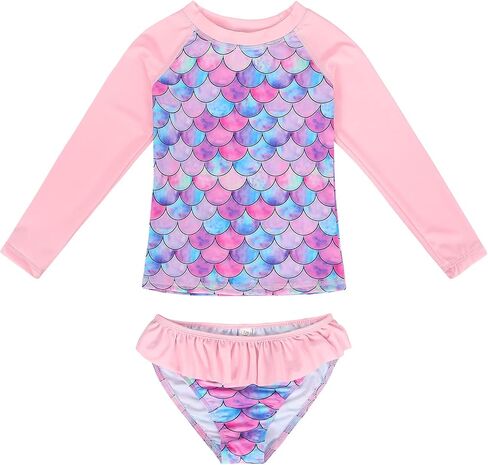 Girls Tankini Mermaid Swimsuit Kids Two Pieces Long Sleeves Swimsuit Set Fish Scale Pattern Print Swimwear in Saudi Arabia