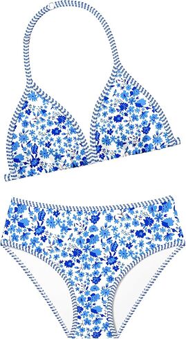 Girls Swimsuit Two Piece Halter Bikini Contrast Trim Girl Bathing Suit Backless Printed Swimwear with Chest Pad 7-14Y in Kuwait