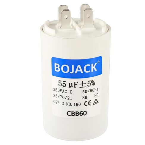 BOJACK CBB60 55 فائق التوهج 250 فولت 50/60 هرتز مكثف تيار متردد مستدير التشغيل مع مجموعتين من الإدخالات لمكثف تشغيل محرك التيار المتردد المستقيم ومضخة الحرارة الباردة ومضخة حمام السباحة أو مكيف الهواء in Kuwait