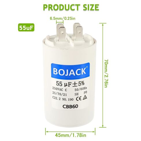 BOJACK CBB60 55 فائق التوهج 250 فولت 50/60 هرتز مكثف تيار متردد مستدير التشغيل مع مجموعتين من الإدخالات لمكثف تشغيل محرك التيار المتردد المستقيم ومضخة الحرارة الباردة ومضخة حمام السباحة أو مكيف الهواء in Kuwait