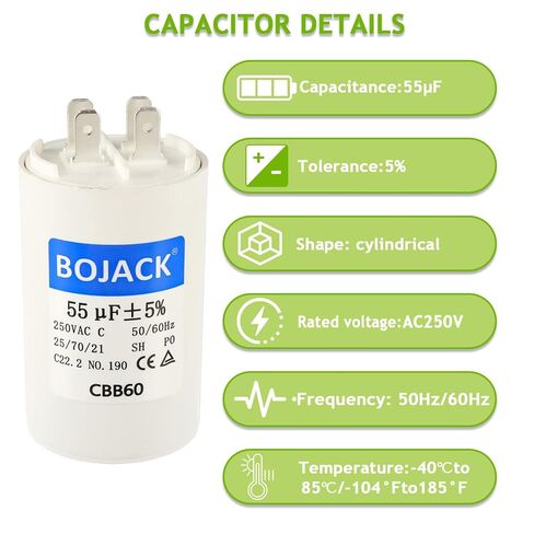 BOJACK CBB60 55 فائق التوهج 250 فولت 50/60 هرتز مكثف تيار متردد مستدير التشغيل مع مجموعتين من الإدخالات لمكثف تشغيل محرك التيار المتردد المستقيم ومضخة الحرارة الباردة ومضخة حمام السباحة أو مكيف الهواء in Kuwait