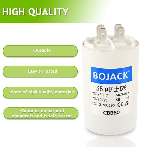 BOJACK CBB60 55 فائق التوهج 250 فولت 50/60 هرتز مكثف تيار متردد مستدير التشغيل مع مجموعتين من الإدخالات لمكثف تشغيل محرك التيار المتردد المستقيم ومضخة الحرارة الباردة ومضخة حمام السباحة أو مكيف الهواء in Kuwait