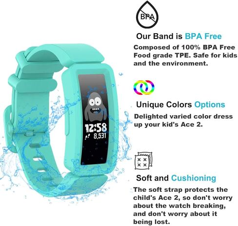 GVFM متوافق مع أحزمة Fitbit Ace 2 للأطفال بعمر 6 سنوات فما فوق، إكسسوارات سوار من السيليكون الناعم، أحزمة رياضية للفتيات متوافقة مع Fitbit Ace 2 (أزرق بحيرة) in Saudi Arabia