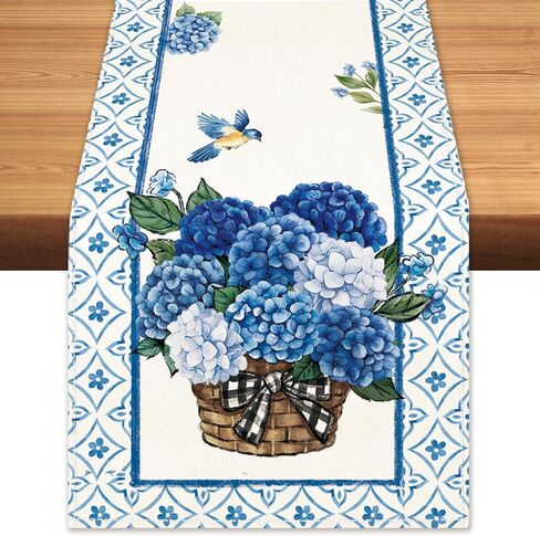 Spring Summer Blue Hydrangea Table Runner Elegant Birds Burlap Table Runners, Basket of Flowers Seasonal Coffee Table Center Decor for Home Kitchen Dining Party Indoor Outdoor 13x72 Inch in Saudi Arabia