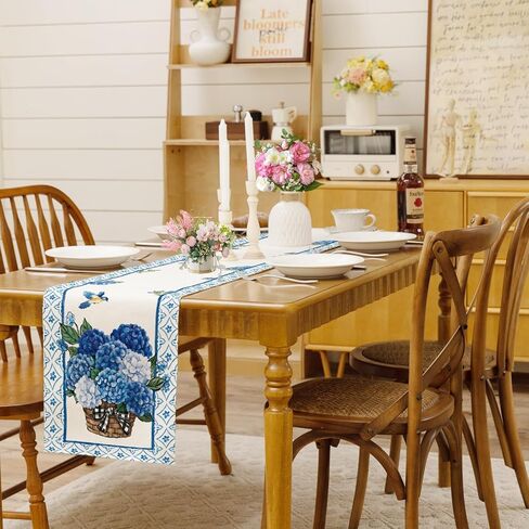 Spring Summer Blue Hydrangea Table Runner Elegant Birds Burlap Table Runners, Basket of Flowers Seasonal Coffee Table Center Decor for Home Kitchen Dining Party Indoor Outdoor 13x72 Inch in Saudi Arabia
