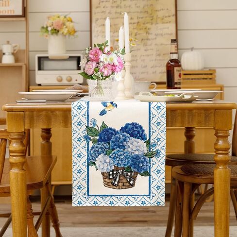 Spring Summer Blue Hydrangea Table Runner Elegant Birds Burlap Table Runners, Basket of Flowers Seasonal Coffee Table Center Decor for Home Kitchen Dining Party Indoor Outdoor 13x72 Inch in Saudi Arabia