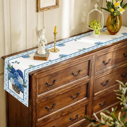 Spring Summer Blue Hydrangea Table Runner Elegant Birds Burlap Table Runners, Basket of Flowers Seasonal Coffee Table Center Decor for Home Kitchen Dining Party Indoor Outdoor 13x72 Inch in Saudi Arabia